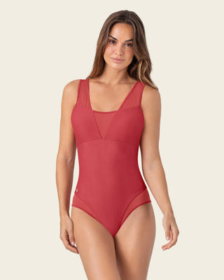 Traje de baño entero de control fuerte con detalles en tul - Hasta 2 cm menos#color_391-rojo-coral