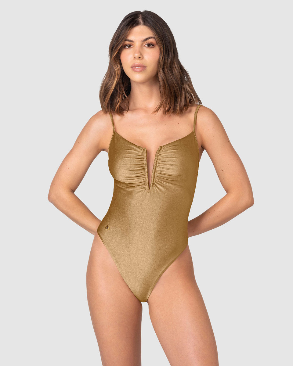 Traje de baño entero con escote en V profundo y detalle drapeado