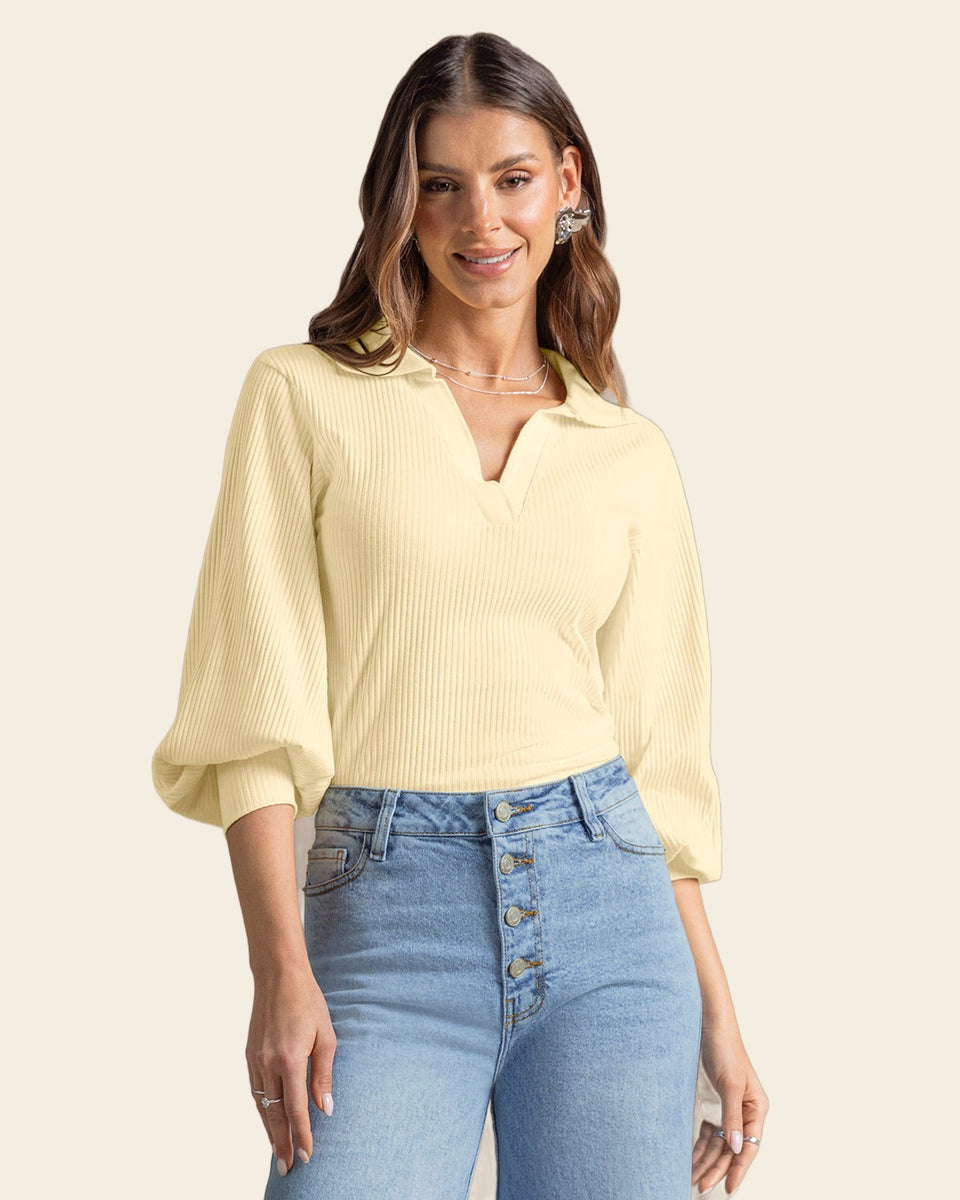Camiseta manga larga con cuello tejido y tela acanalada