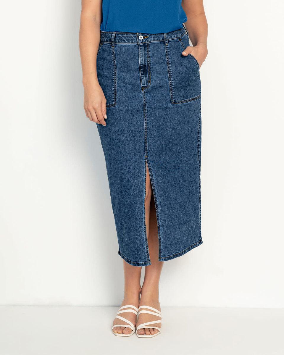 Falda larga en denim con abertura en frente