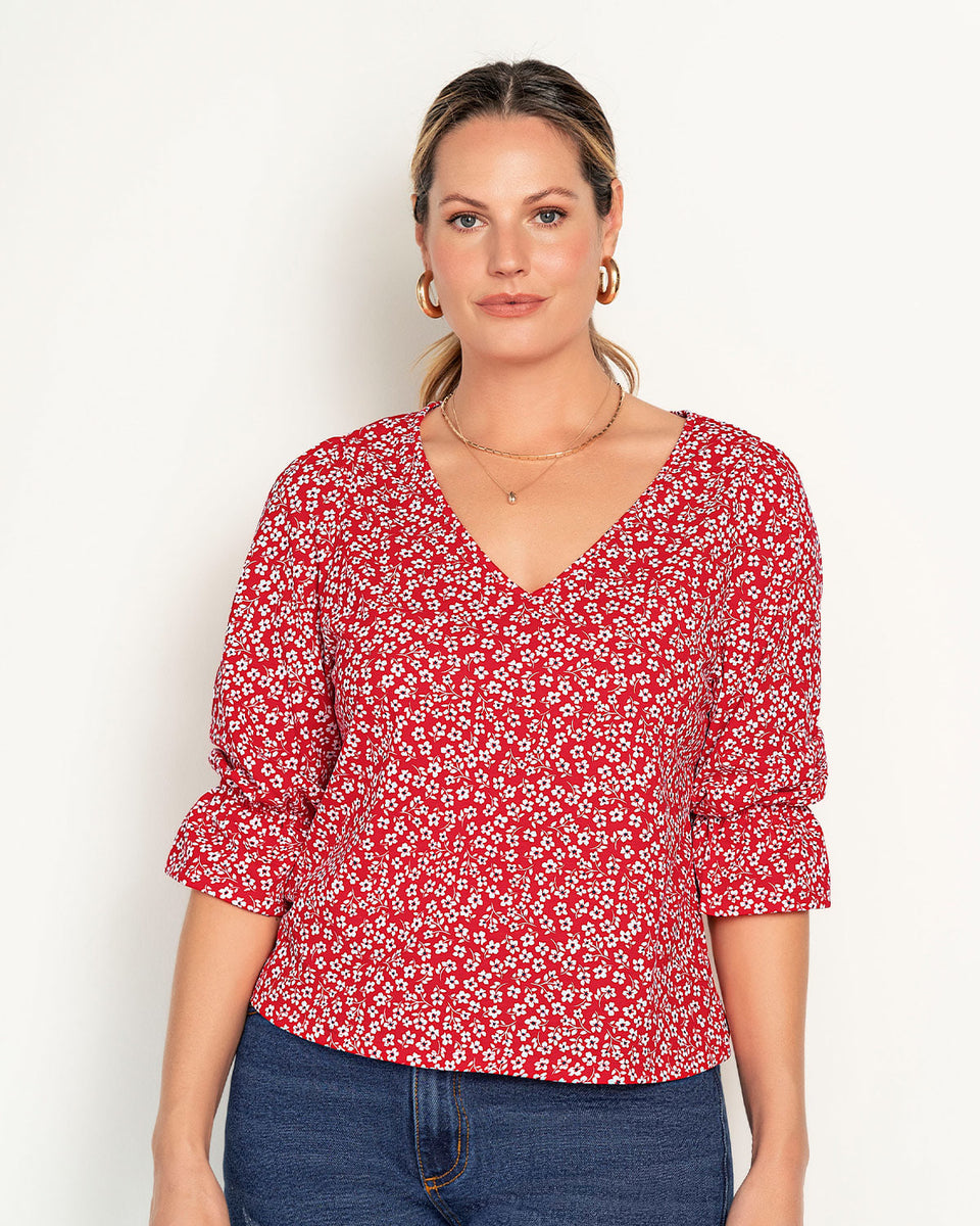 Blusa estampada con elástico recogido para mangas tipo globo