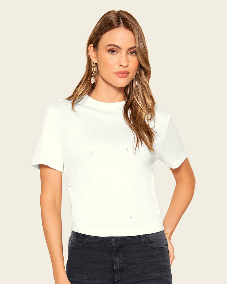 Camiseta manga corta con apliques de perlas