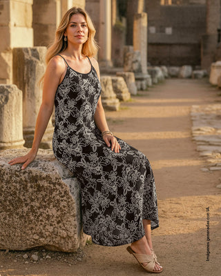 Vestido largo en tela bordada#color_700-negro