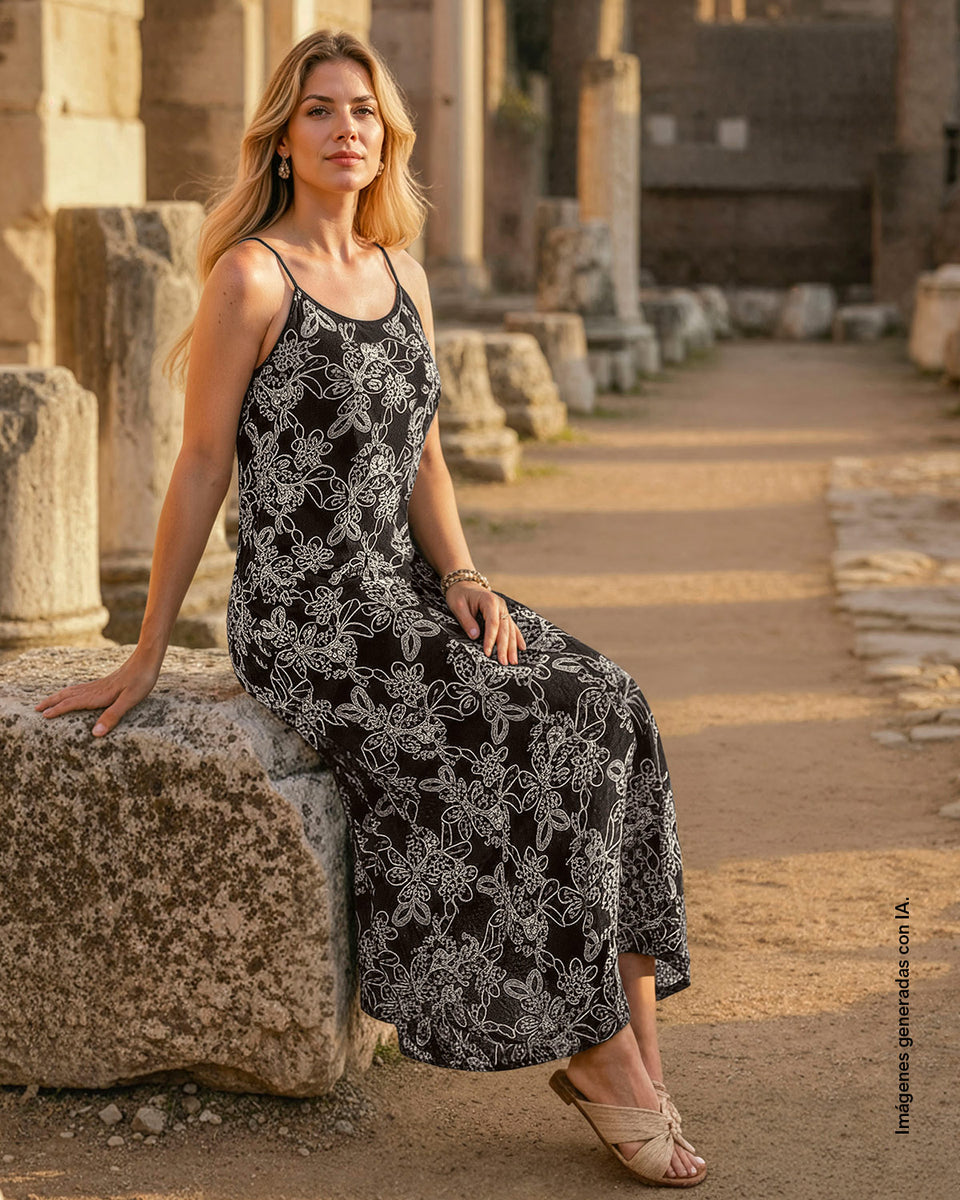 Vestido largo en tela bordada
