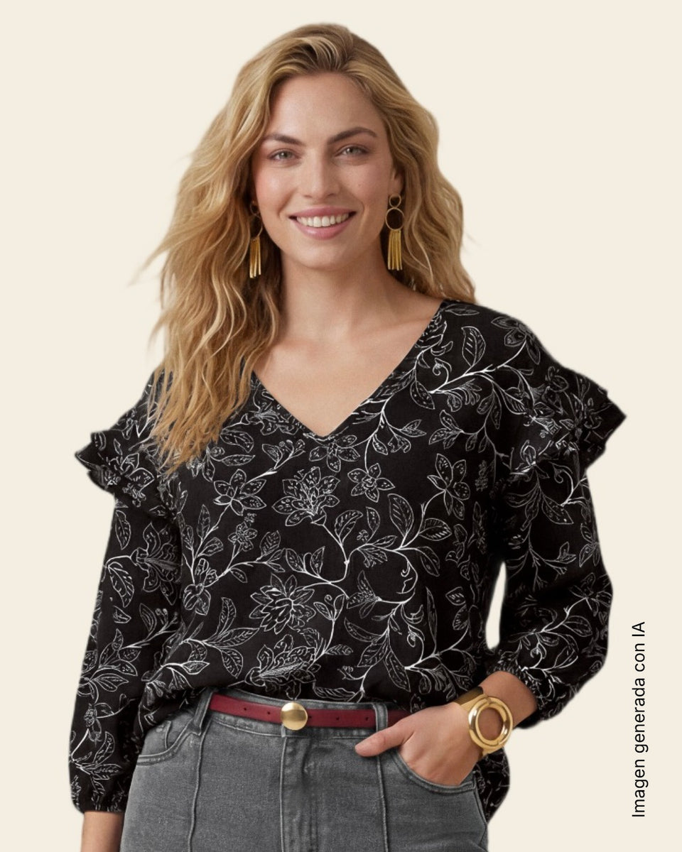 Blusa manga 3/4 con vuelo en bordes en hombros
