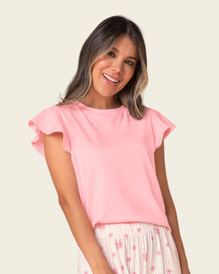 Camiseta manga corta cuello redondo con vuelo en borde en mangas#color_c68-rosado