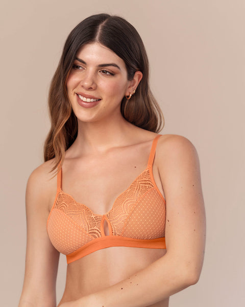 Bralette triangular en encaje y tul con detalle de ojal en escote#color_263-naranja