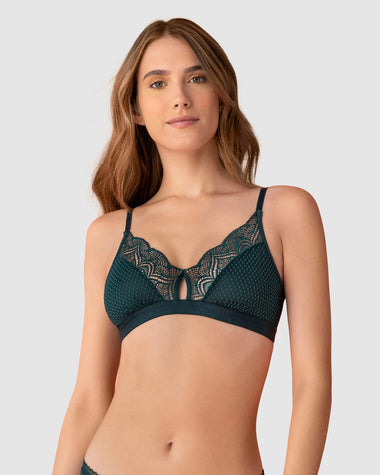 Bralette triangular en encaje y tul con detalle de ojal en escote#color_660-verde-oscuro