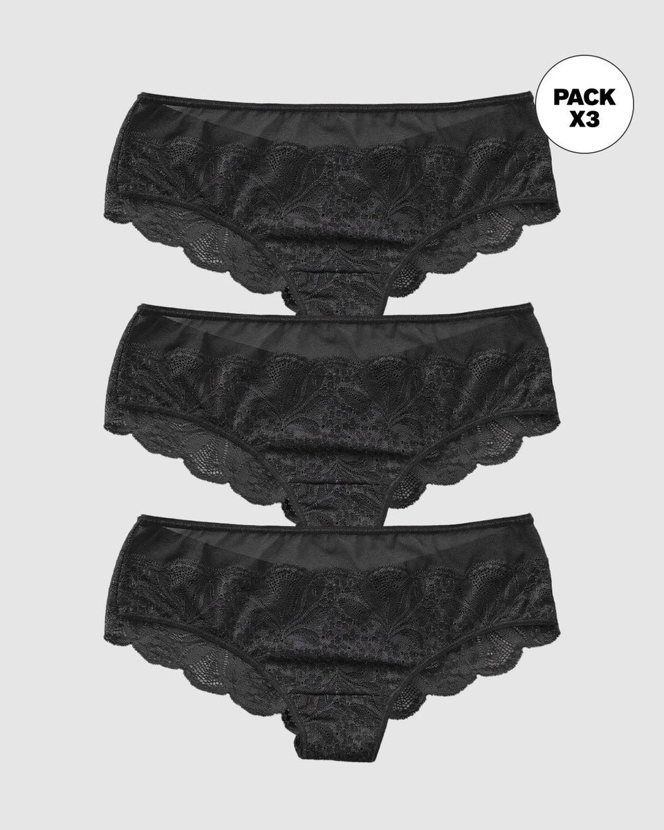 Paquete x3 calzones cachetero semidescaderado en encaje y tul con refuerzo en algodón