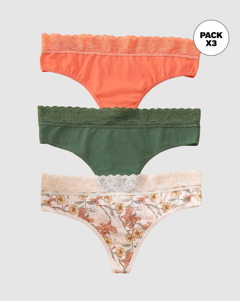 Brasileras paquete x3 en algodón elástico con detalle en encaje#color_s15-naranja-estampado-flores-verde