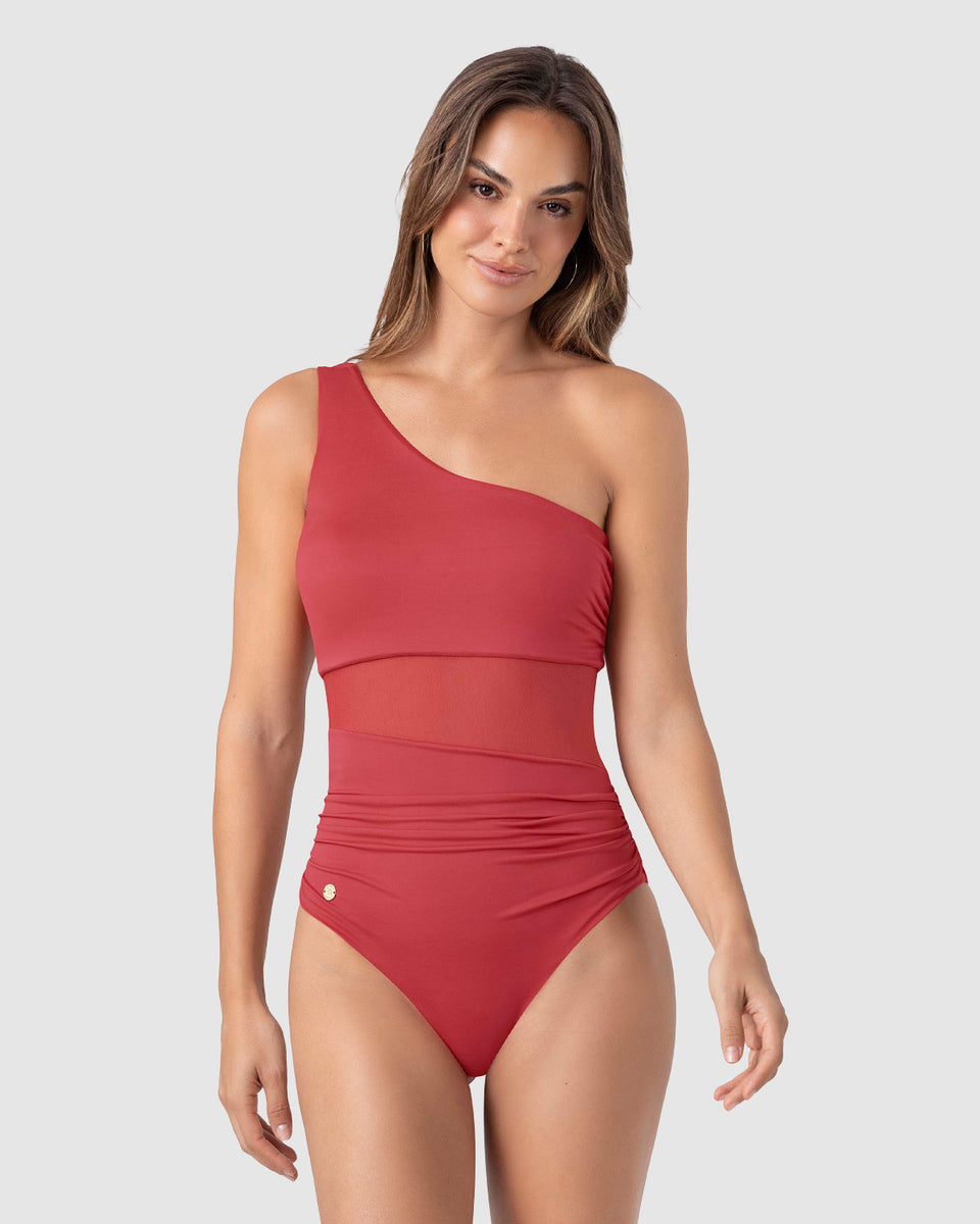 Traje de baño entero de un solo hombro con control de abdomen