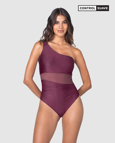 Traje de baño entero de un solo hombro con control suave de abdomen bajo#color_466-vinitinto