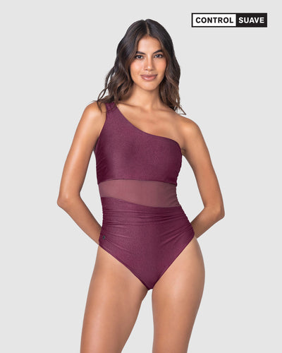 Traje de baño entero de un solo hombro con control suave de abdomen bajo#color_466-vinitinto