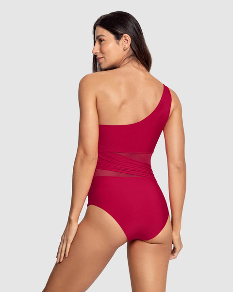 Traje de baño entero de control de abdomen y hombro asimétrico#color_323-rojo