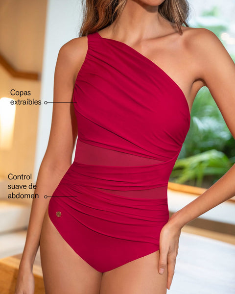 Traje de baño entero de control de abdomen y hombro asimétrico#color_323-rojo