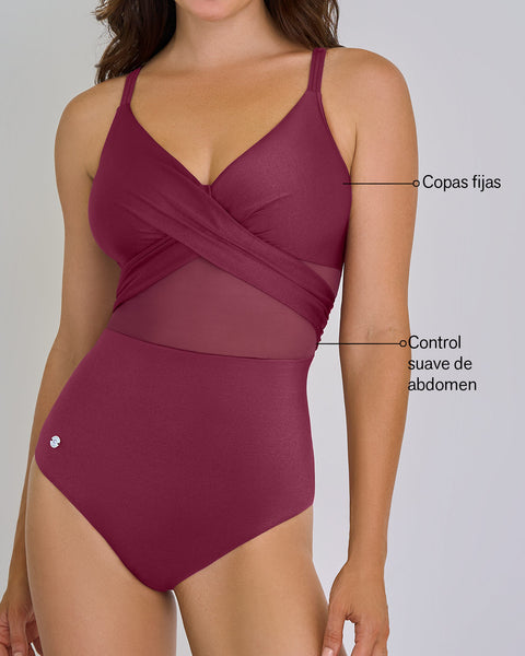 Traje de baño entero con escote cruzado y tela con brillo#color_466-vinitinto
