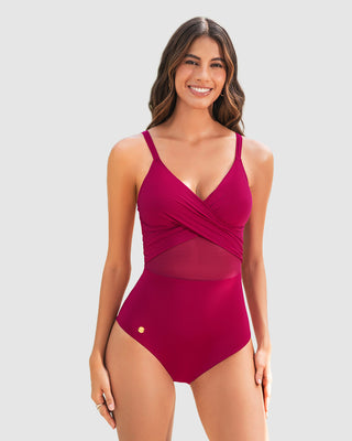 Traje de baño entero de control suave en abdomen y drapeado en escote#color_333-rojo