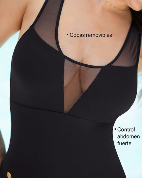 Traje de baño entero de control fuerte con detalles en tul - Hasta 2 cm menos#color_700-negro