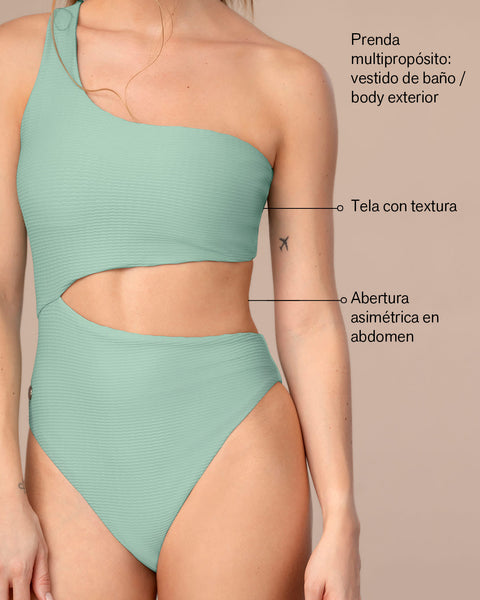 Traje de baño de un solo hombro con tela acanalada#color_623-verde-medio