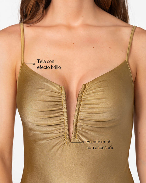 Traje de baño entero con escote en V profundo y detalle drapeado#color_123-dorado