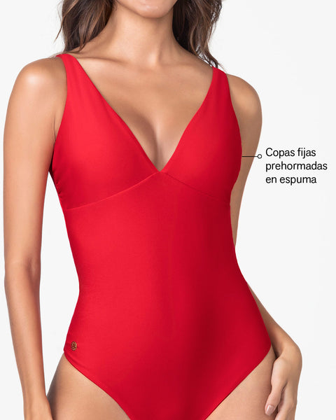 Traje de baño entero escote profundo#color_377-rojo