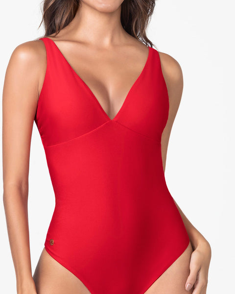 Traje de baño entero escote profundo#color_377-rojo
