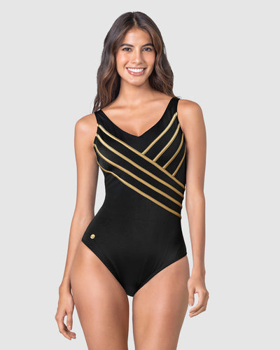 Traje de baño entero con costuras en contraste#color_700-negro