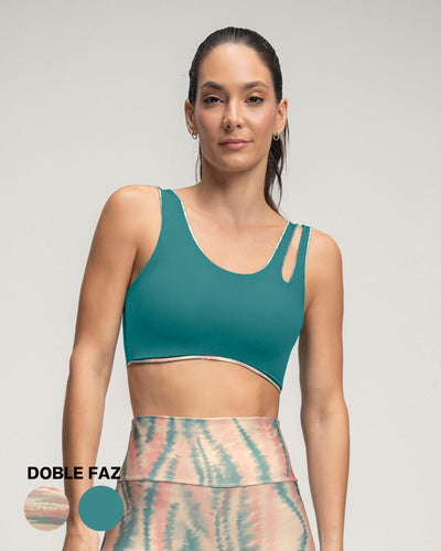 Top deportivo doble faz diseño asimétrico#color_632-verde-estampado-marmol