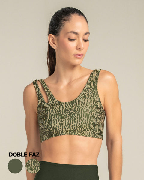 Top deportivo doble faz diseño asimétrico#color_a44-estampado-verde-solido