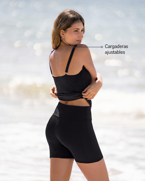 Traje de baño de dos piezas con short de control de abdomen#color_700-negro