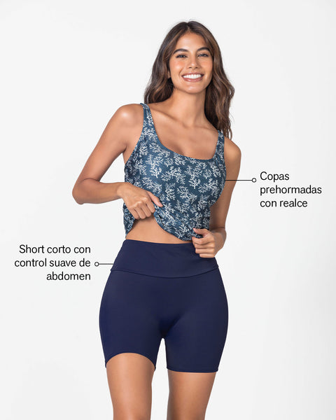 Traje de baño de dos piezas Camiseta y Short de control de abdomen#color_589-estampado-corales