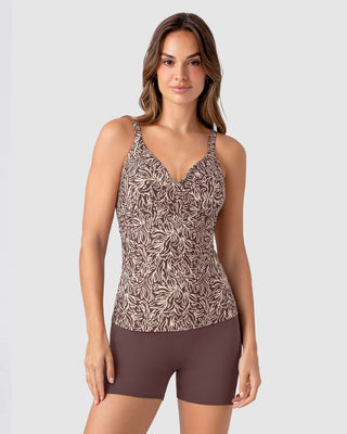 Traje de baño camiseta drapeada + short#color_a72-estampado-flores-marron