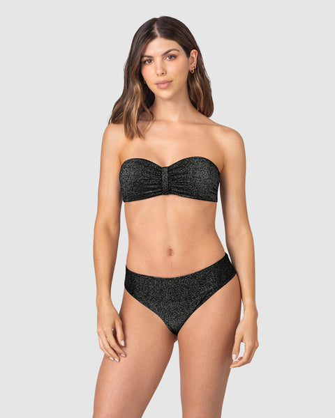 Bikini en tela brillante strapless y calzón de laterales anchos#color_701-negro