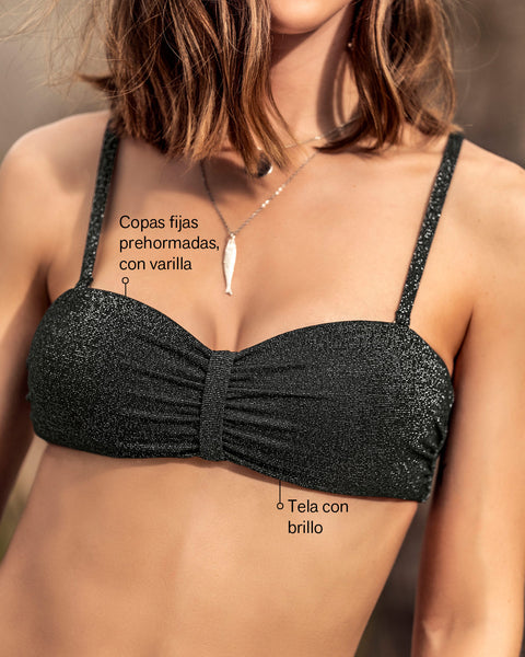 Bikini en tela brillante strapless y calzón de laterales anchos#color_701-negro