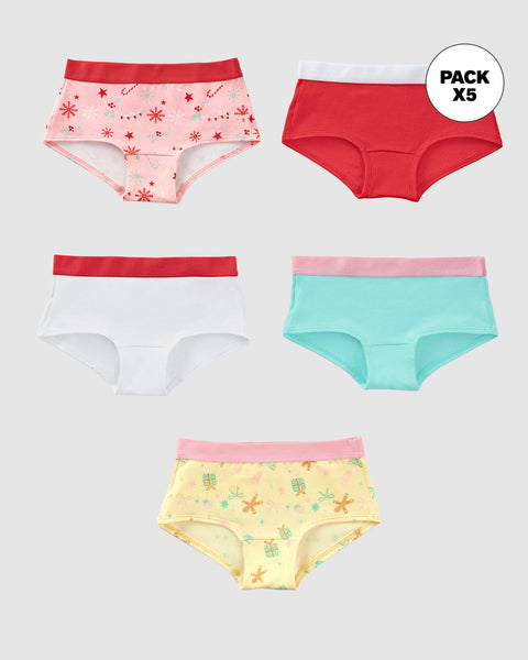 Paquete x 5 calzones tipo hipster para niña#color_s03-blanco-rojo-menta-est-flores-est-regalos