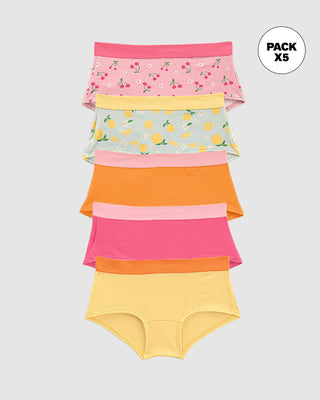 Paquete x 5 calzones tipo hipster para niña#color_s05-naranja-fucsia-amarillo-rosado-estampado-cerezas-azul-claro-estampado-naranjas
