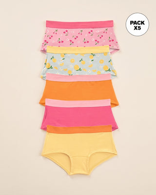Paquete x 5 calzones tipo hipster para niña#color_s05-naranja-fucsia-amarillo-rosado-estampado-cerezas-azul-claro-estampado-naranjas