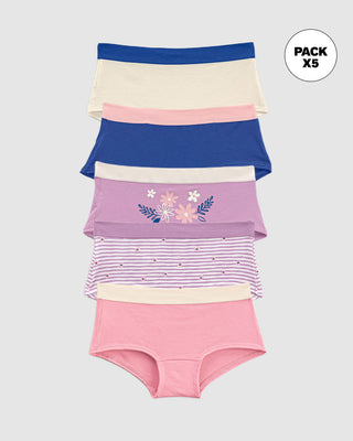 Paquete x 5 calzones tipo hipster para niña#color_s06-marfil-rosado-claro-azul-oscuro-rayas-lila-con-flores-lila-estampado-flores