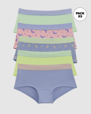 Paquete x 5 calzones tipo hipster para niña#color_s07-morado-verde-limon-verde-claro-lunitas