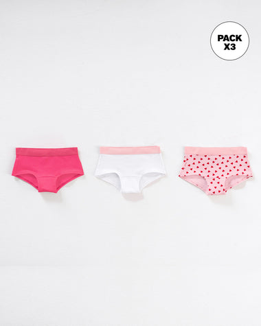 Paquete x 3 calzones tipo hipster en algodón suave para niña#color_s45-fucsia-estampado-corazones-blanco