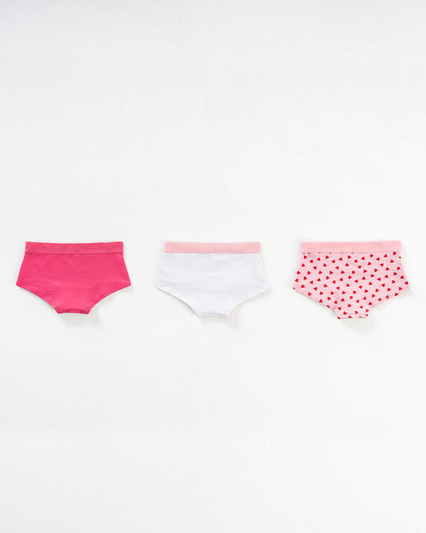 Paquete x 3 calzones tipo hipster en algodón suave para niña#color_s45-fucsia-estampado-corazones-blanco