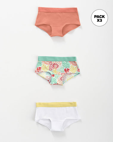 Paquete x 3 calzones tipo hipster en algodón suave para niña#color_s46-coral-coral-estampado-blanco