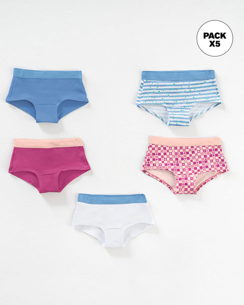 Paquete x 5 Calzones tipo Hipster en Algodón Suave para niña#color_s26-cuadros-rayas-rosado-azul-blanco