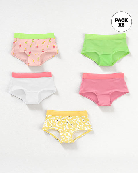 Paquete x 5 Calzones tipo Hipster en Algodón Suave para niña#color_s27-estampados-rosado-blanco-verde