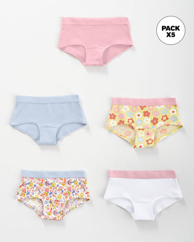 Paquete x 5 Calzones tipo Hipster en Algodón Suave para niña#color_s28-rosado-blanco-azul-flores-coral