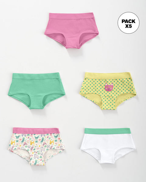 Paquete x 5 Calzones tipo Hipster en Algodón Suave para niña#color_s29-rosado-verde-blanco-puntos-estampado