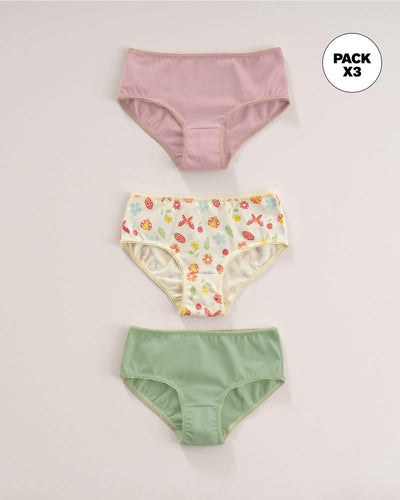 Paquete x3 calzón clásico para niña#color_s33-marfil-estampado-verde-rosado