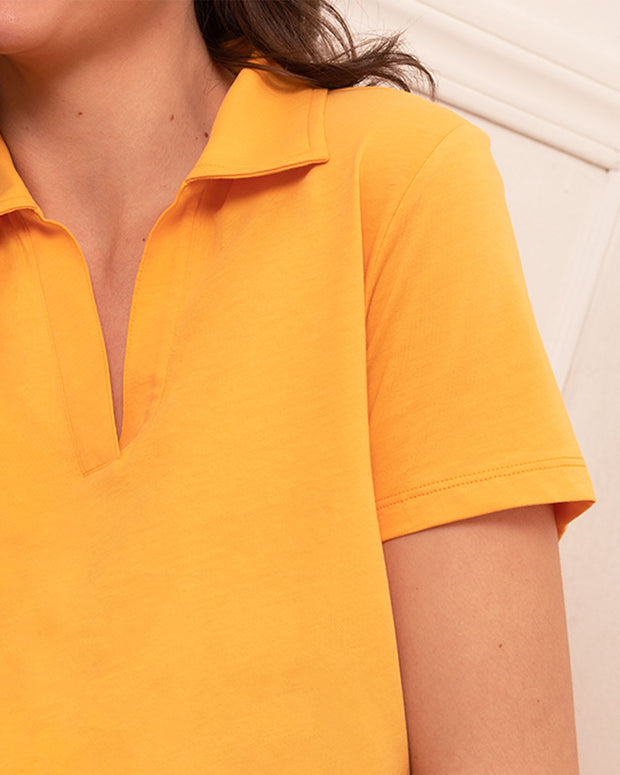 Camiseta manga corta con cuello tipo camisa. tallas completas.#color_203-apricot