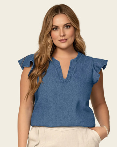 Blusa en índigo liviano con vuelo en bordes en mangas#color_052-azul-medio