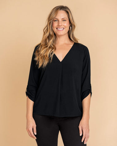 Blusa manga 3/4 con recogido con botón no funcional#color_700-negro